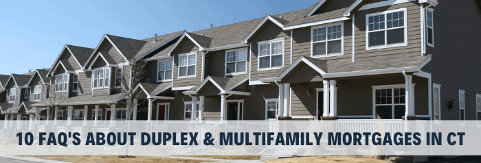 An image of multiple condominiums with text reading "10 FAQs about duplex and multifamily mortgages in CT"