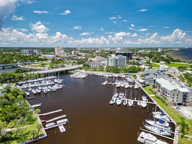 Aerial view of the yacht harbor and historic downtown Melbourne